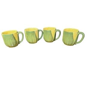 4 Vintage Shawnee Pottery Corn Mugs Green & Yellow USA Mid-Century Stoneware #69